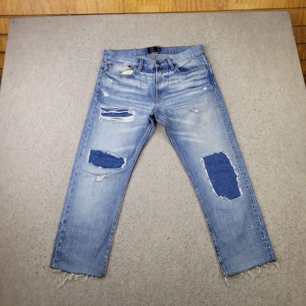 Club Monaco Jeans Mens 32x26 Raw Hem Light Wash Blue Patches Y2K 100% Cotton